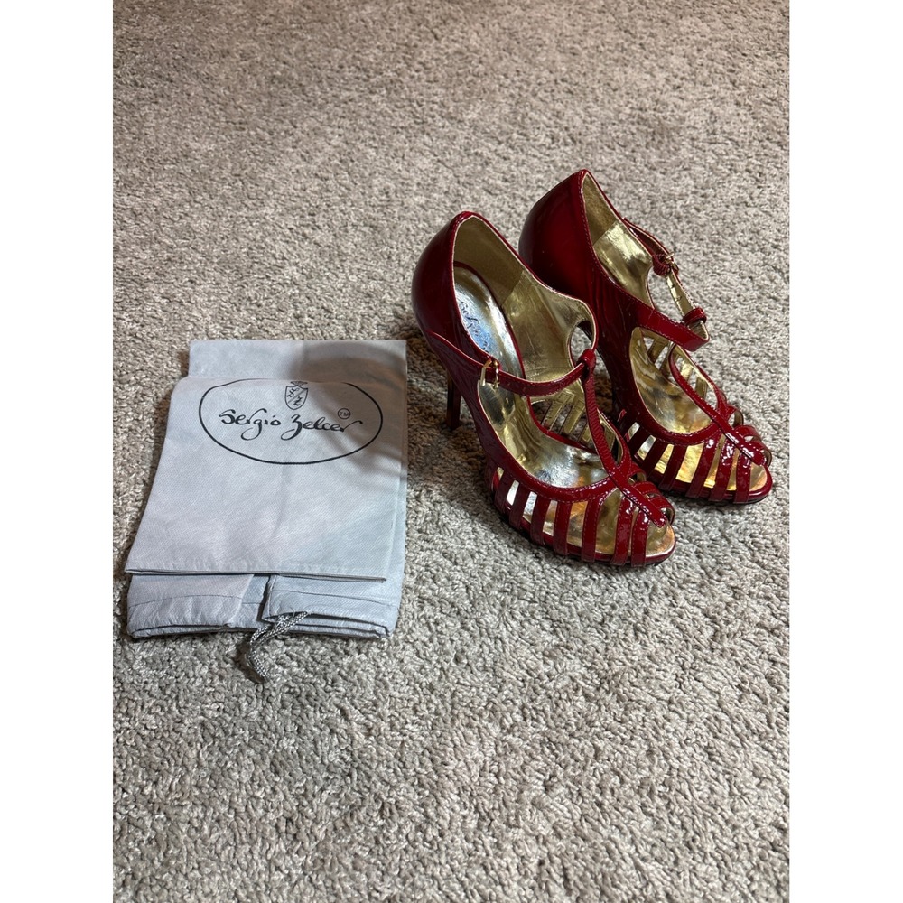 Sergio Zelcer Red Patent Leather Cage T-Strap Heels Tortoiseshell Stiletto 6